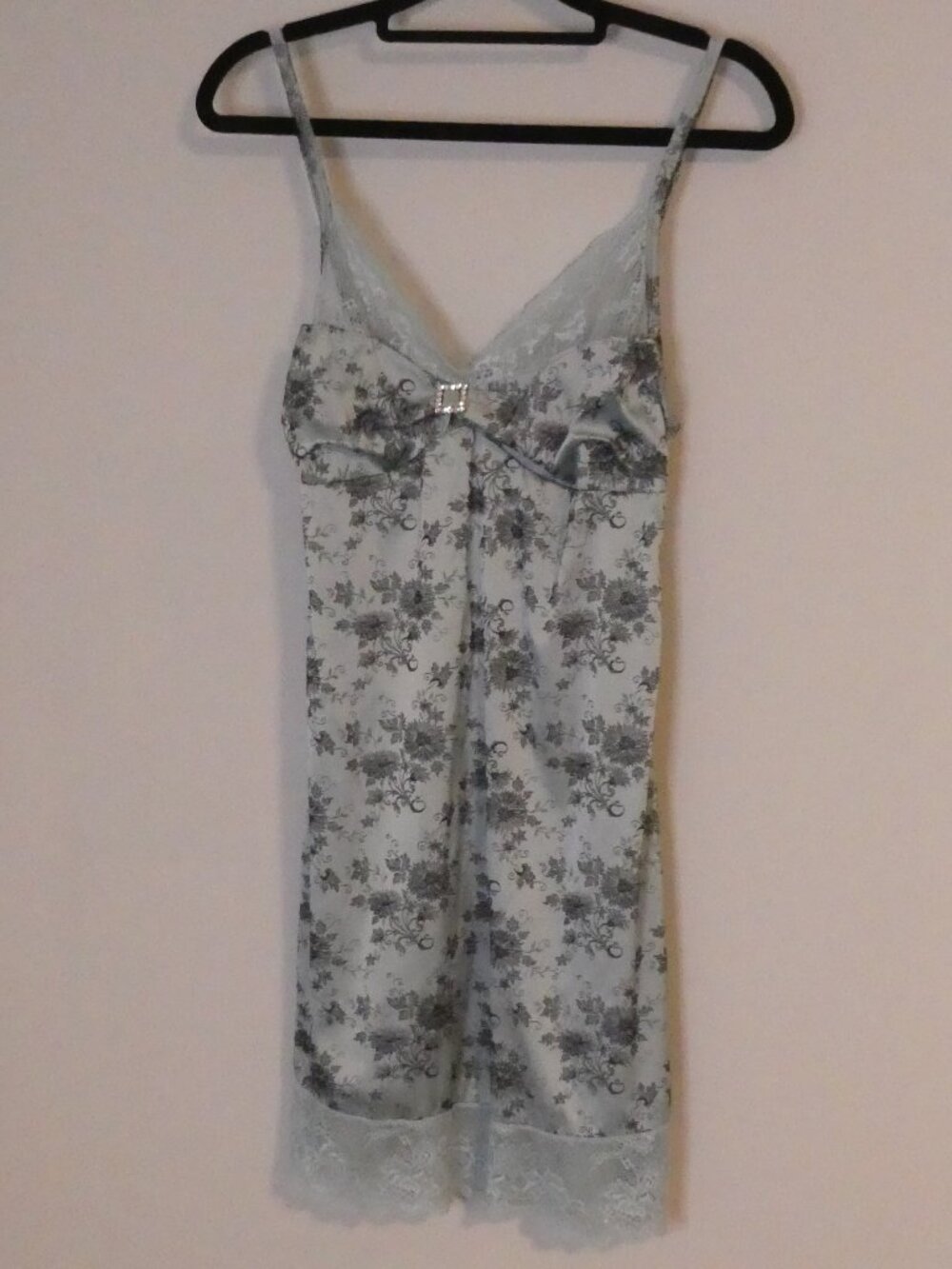 NBB LINGERIE Grey Floral Satin Slip Dress Lace Trim Rhinestone Buckle - medium